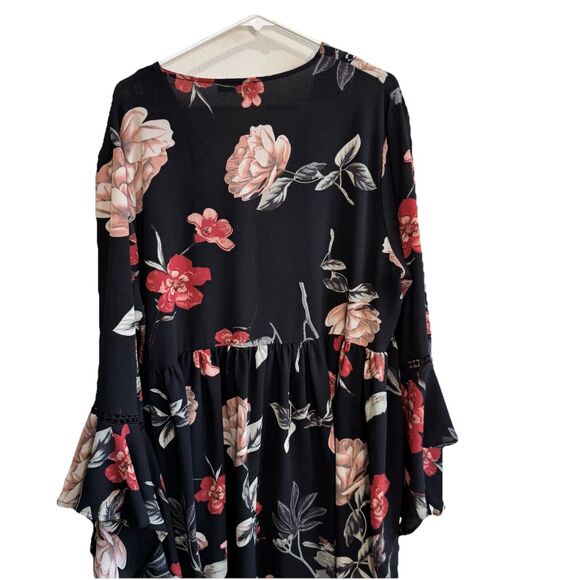 Boohoo Dark Floral Mini Dress Black/Multi tunic Plus Size 2x Witchy Bell Sleeve - Picture 5 of 7